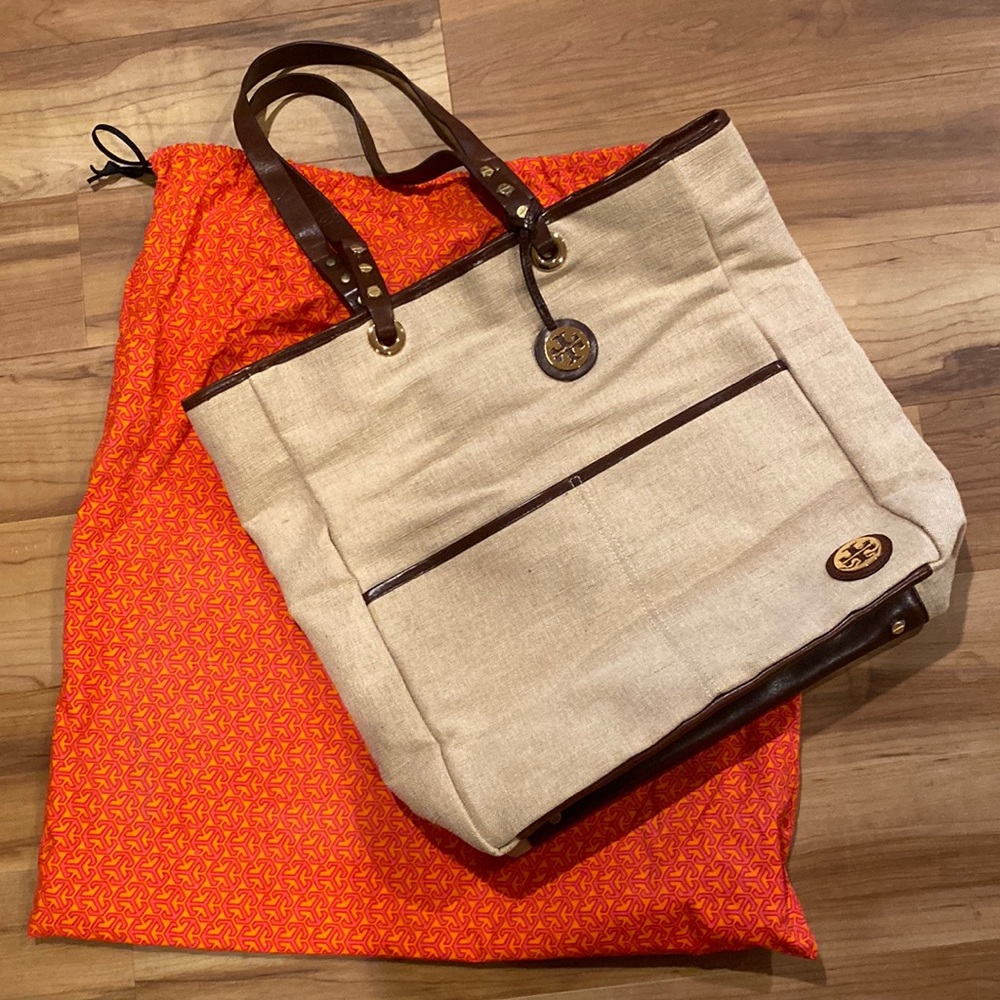 Tory Burch natural color tote with leather trim
